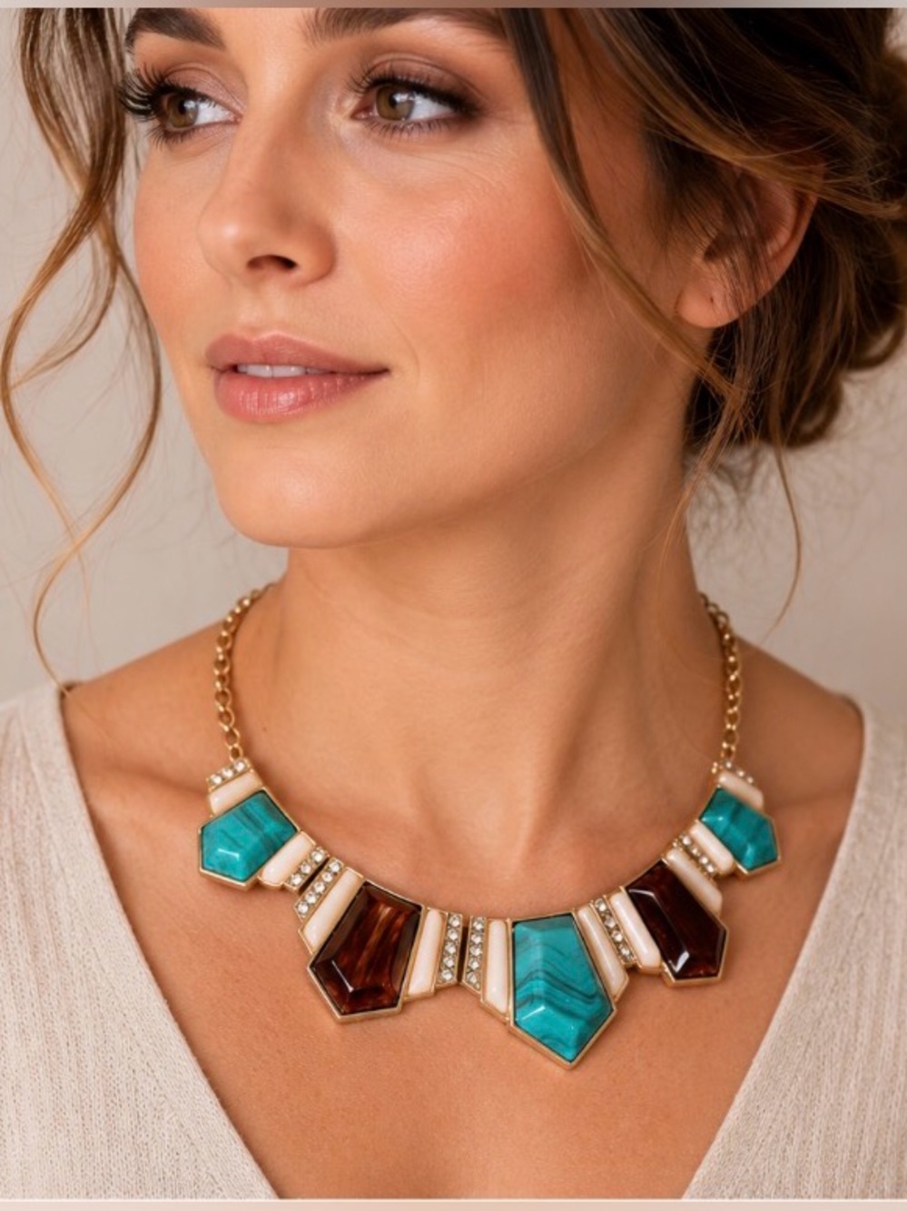 Geometric Statement Necklace Turquoise Brown Ivory Crystal Gold Tone 18”